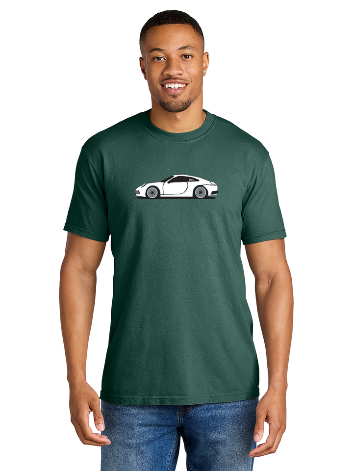 Green Porsche t-shirt featuring a white Porsche car graphic on the front. Customize your Porsche tee at Kavy's Customs. No minimum orders.