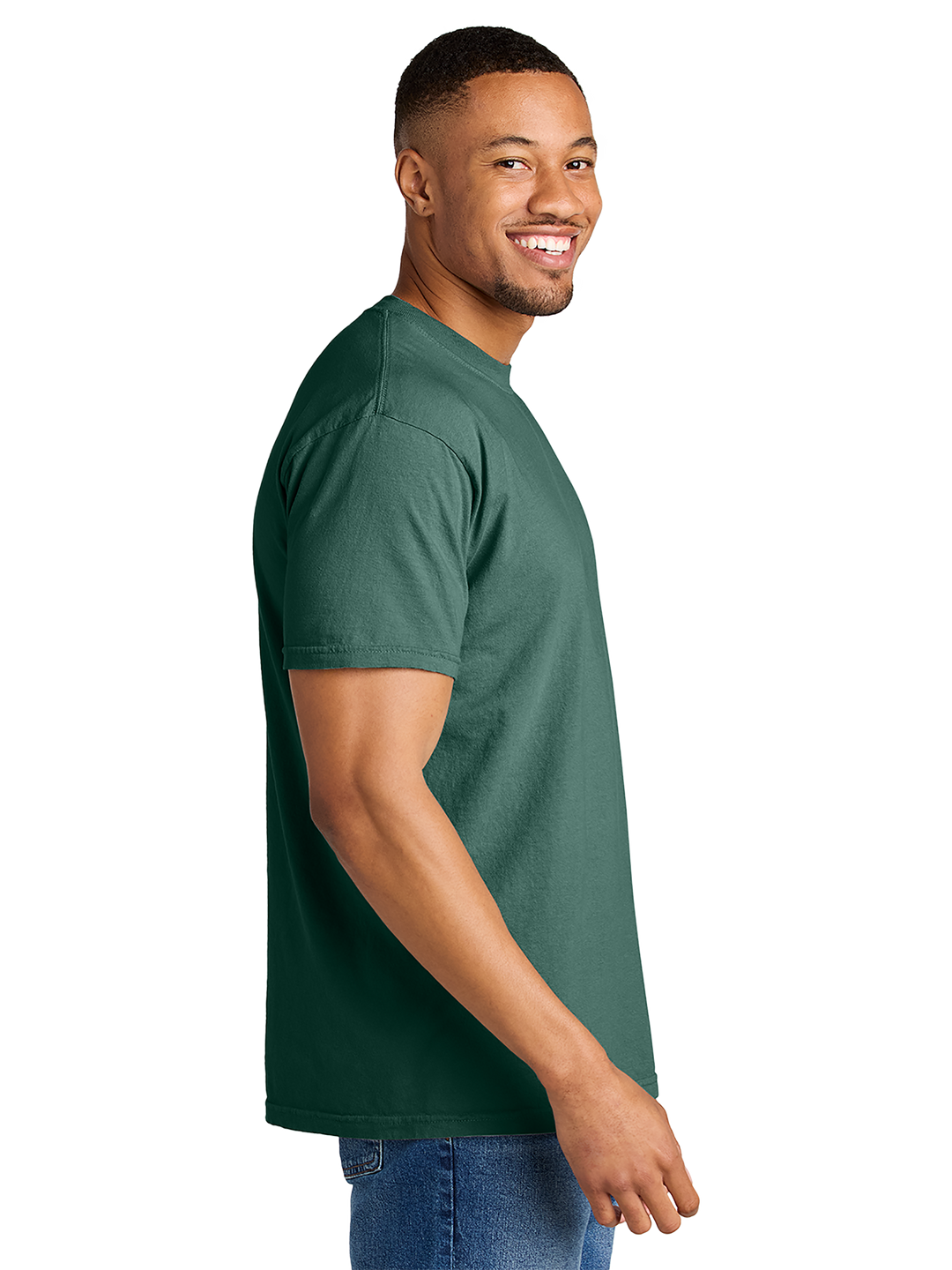Side view of a green Porsche t-shirt with a relaxed fit. Design your own Porsche tee at Kavy's Customs with customizable colors and prints.