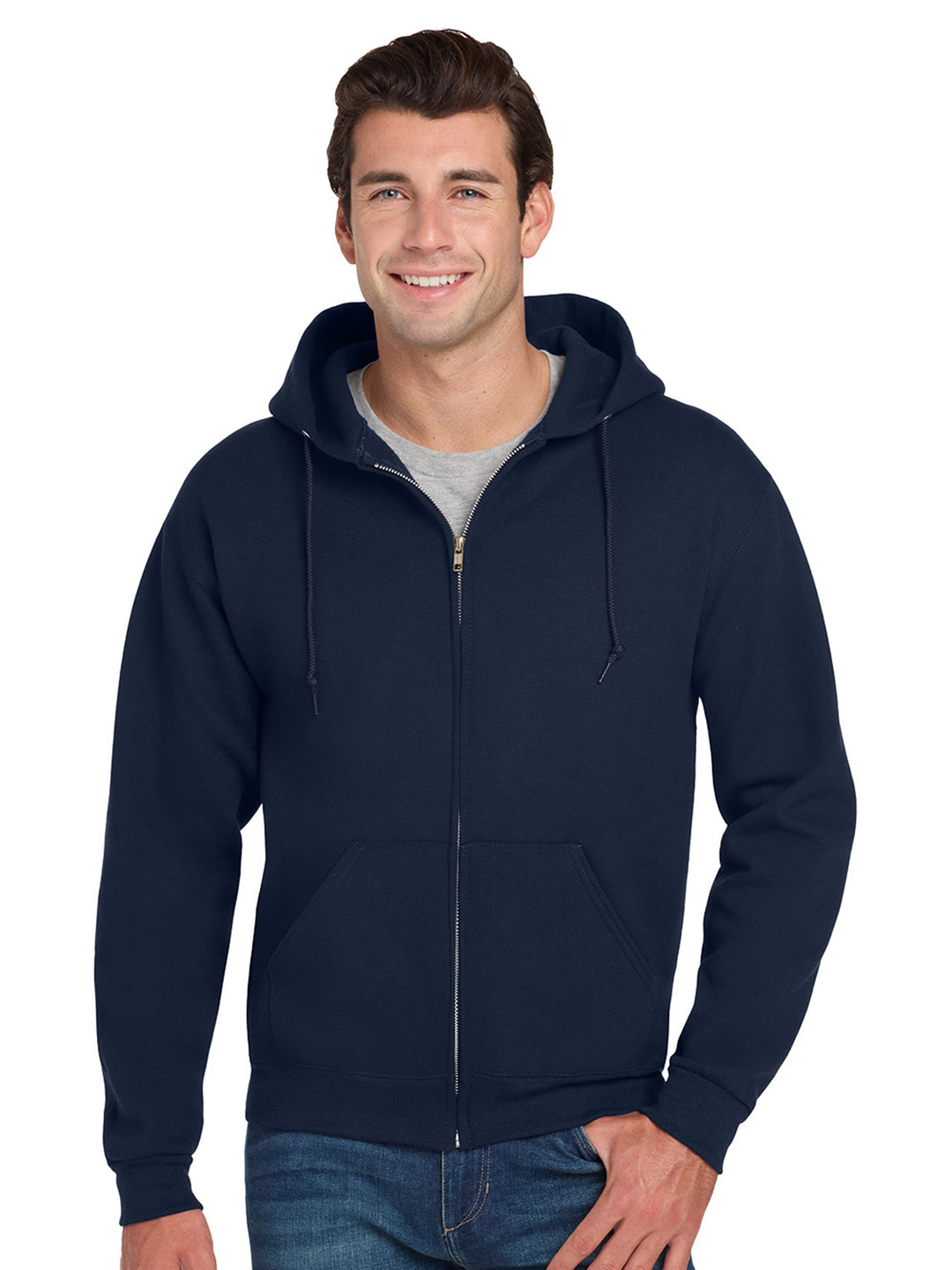 Navy blue Jerzees Super Sweats Full Zip Sweatshirt with a soft fleece lining and front pockets. A perfect customizable hoodie for groups and teams.