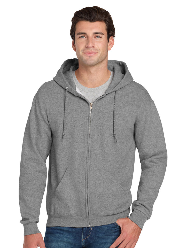 Heather gray Jerzees Super Sweats Full Zip Hoodie, featuring a classic fit, ribbed cuffs, and a drawstring hood. Great for custom embroidery or printing.