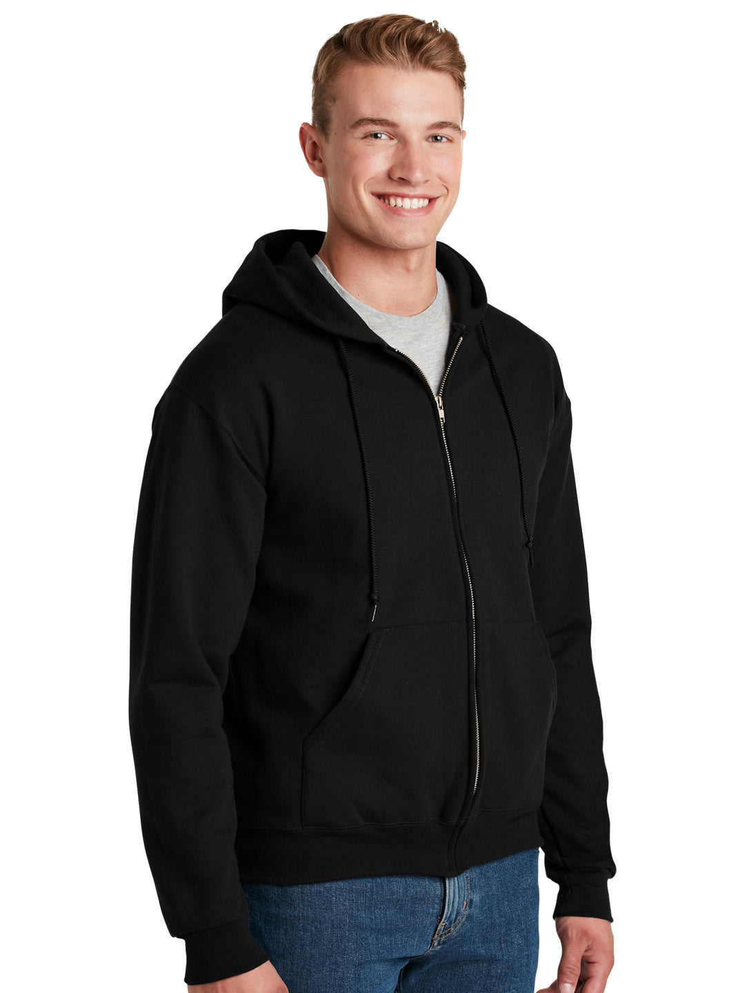 Black Jerzees Super Sweats Full Zip Hoodie with a soft fleece interior, ribbed cuffs, and a durable zipper. Perfect for customization and bulk orders.