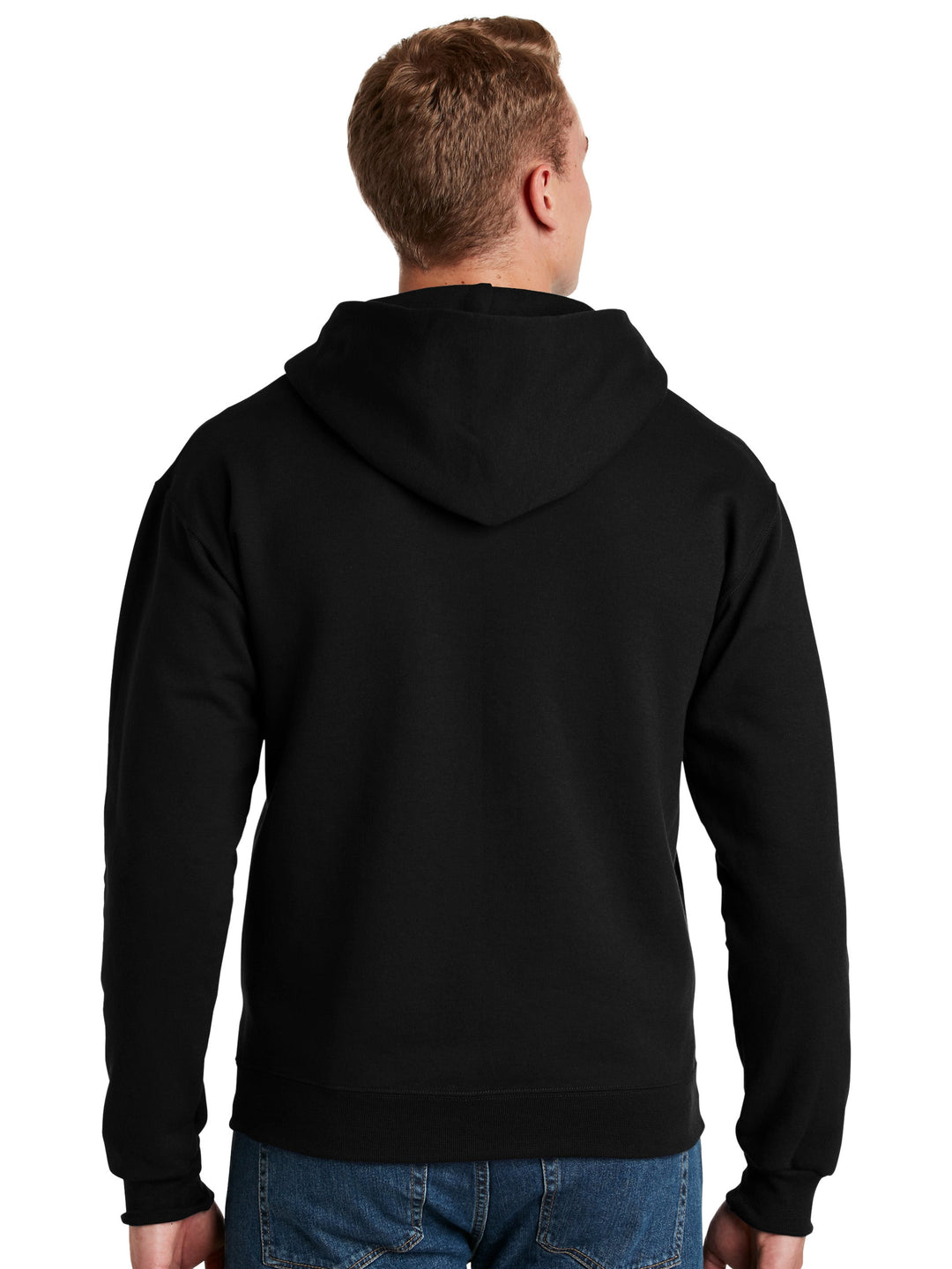 Back view of the black Jerzees Super Sweats Full Zip Hoodie, showcasing its solid design and heavyweight fleece fabric. Ideal for custom printing or embroidery.