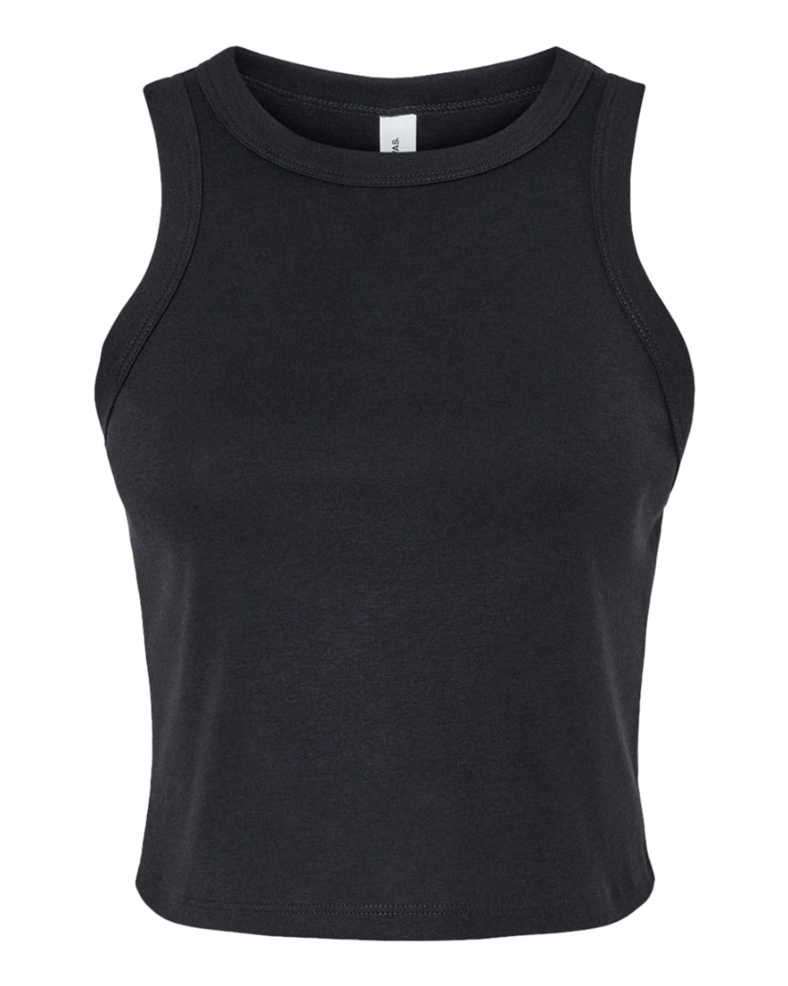 Flat lay of Custom BELLA+CANVAS Women’s Micro Rib Racer Tank in black, showcasing ribbed texture and racerback cut for custom apparel.