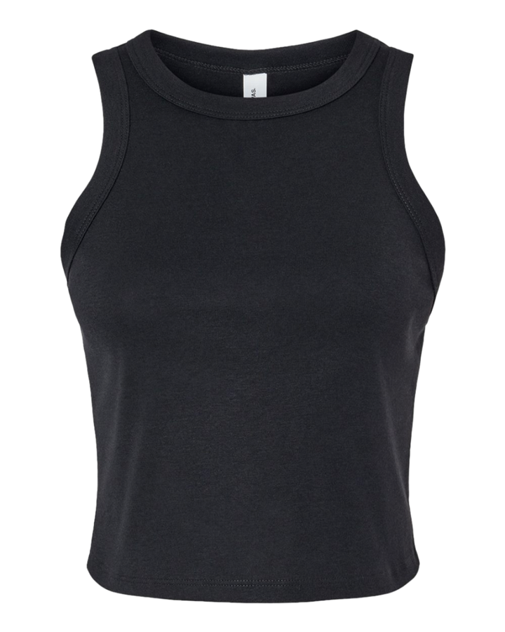 Flat lay of Custom BELLA+CANVAS Women’s Micro Rib Racer Tank in black, showcasing ribbed texture and racerback cut for custom apparel.