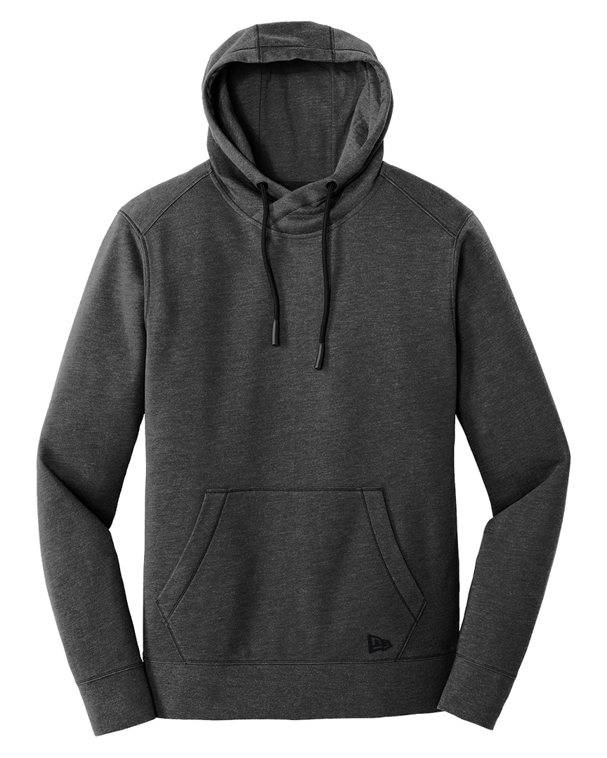 New Era Tri-Blend Fleece Hoodie in charcoal, featuring a front pocket, adjustable drawstring hood, and soft fleece fabric for comfort and style.