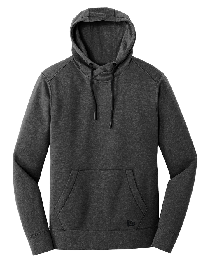 New Era Tri-Blend Fleece Hoodie in charcoal, featuring a front pocket, adjustable drawstring hood, and soft fleece fabric for comfort and style.