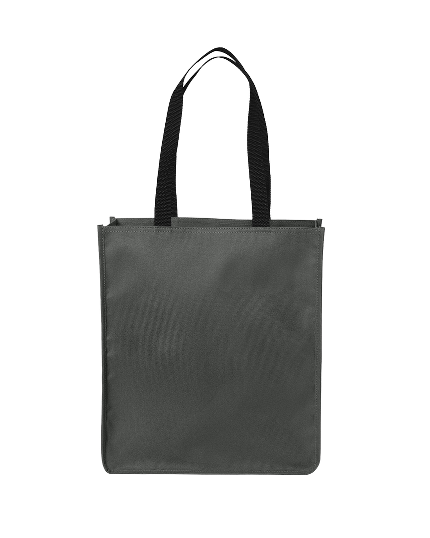 Port Authority Upright Essential Poly Canvas Customizable Tote in black with durable handles and spacious storage. Ideal for custom logos or designs.