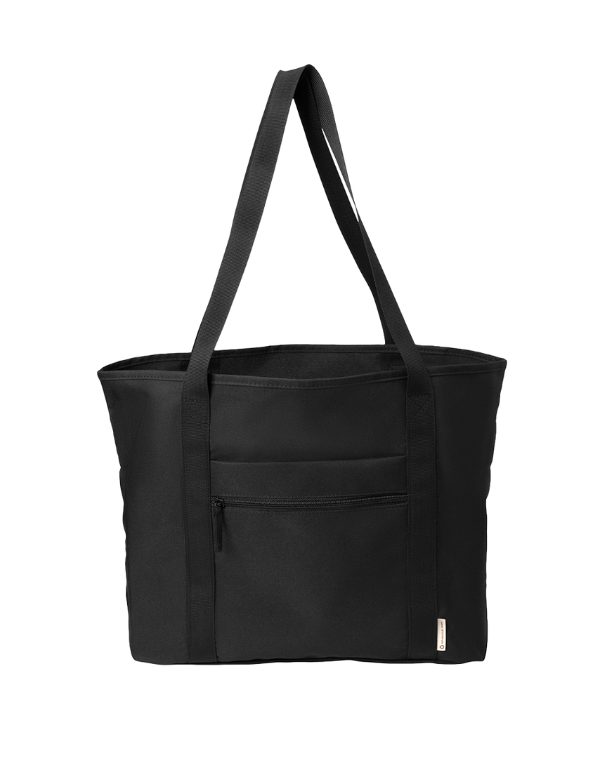 Port Authority Recycled Poly Canvas Customizable Tote in black with zippered front pocket and durable handles. Eco-friendly and spacious tote bag.