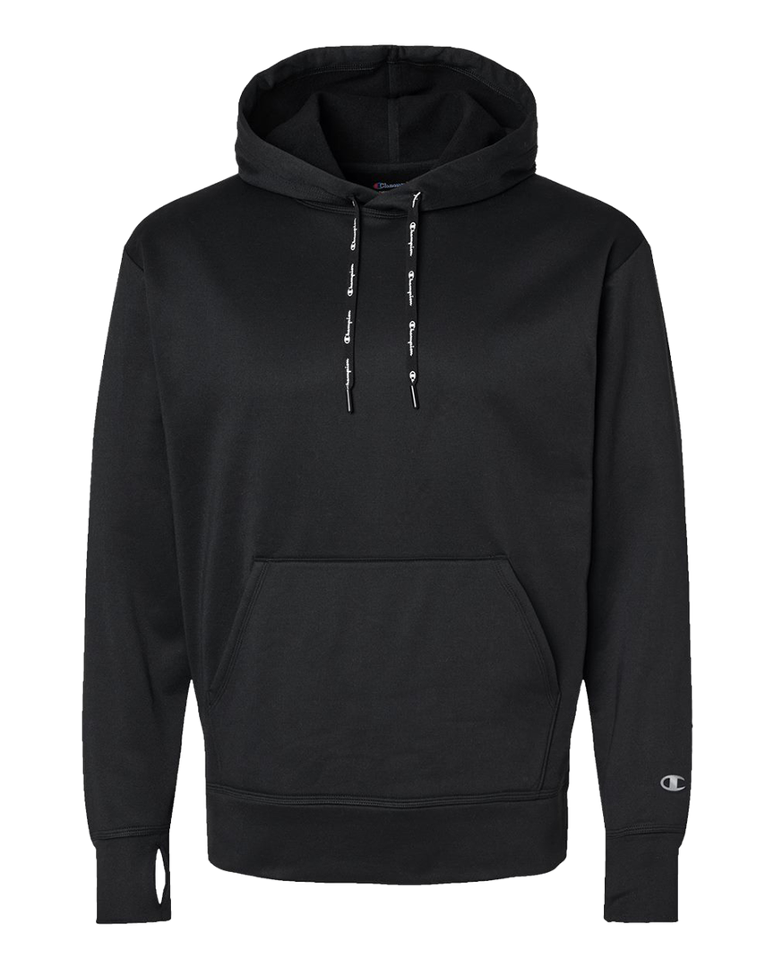 Black Champion Sport hooded sweatshirt with a front pocket and branded drawstrings. A versatile and comfortable option for custom printing.