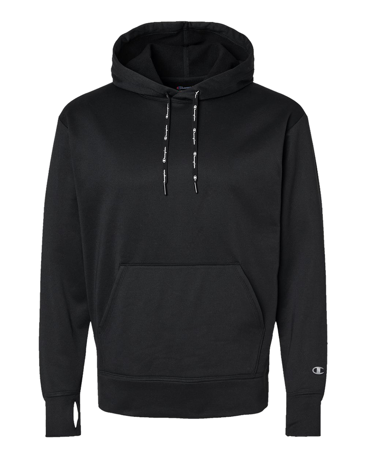 Black Champion Sport hooded sweatshirt with a front pocket and branded drawstrings. A versatile and comfortable option for custom printing.