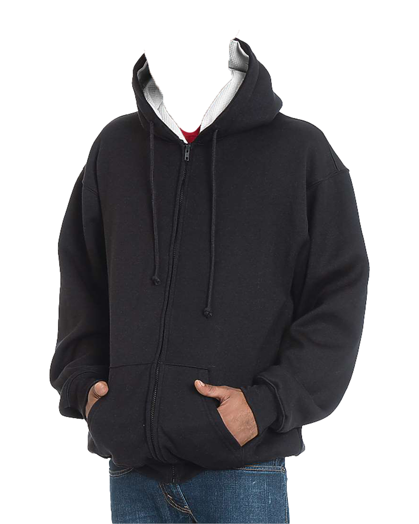Custom Bayside USA-Made Super Heavy Thermal Lined Zip Up Hoodie in black without a visible model. Showcases thick fabric, zip-up front, and hood.