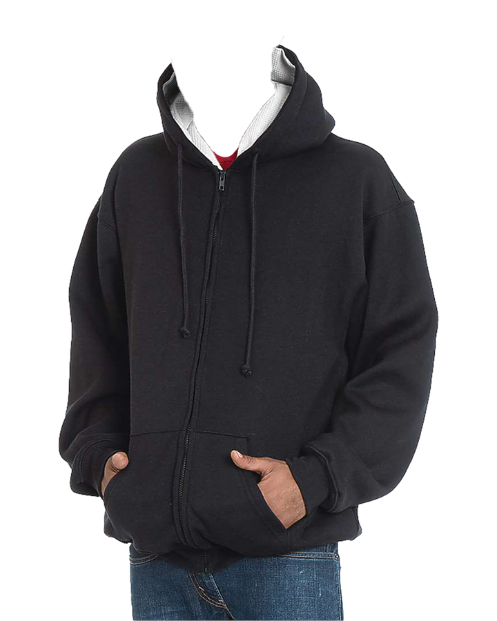 Custom Bayside USA-Made Super Heavy Thermal Lined Zip Up Hoodie in black without a visible model. Showcases thick fabric, zip-up front, and hood.