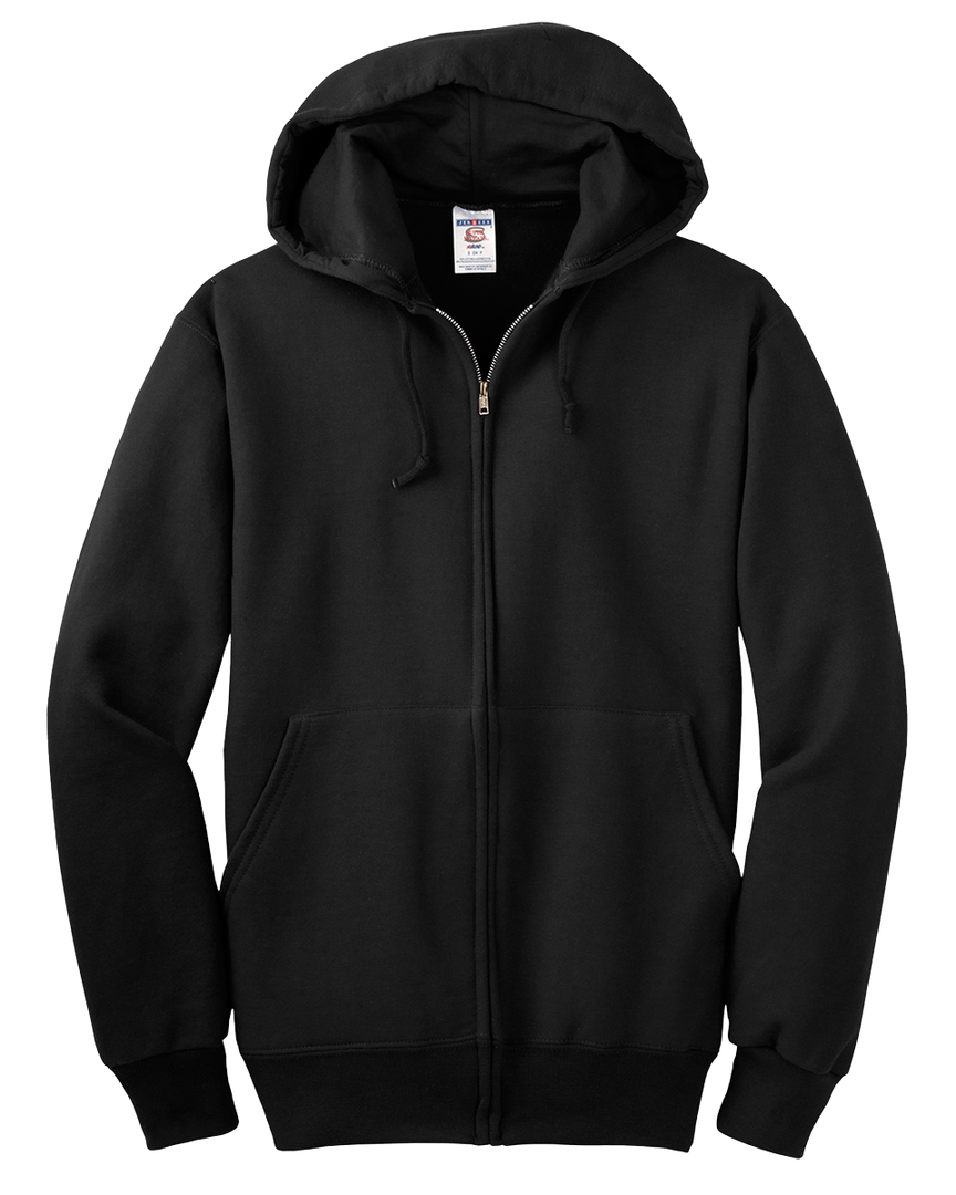 Flat-lay of the black Jerzees Super Sweats Full Zip Hoodie, displaying its full-length zipper, kangaroo pockets, and heavyweight fleece fabric. Ideal for customization.