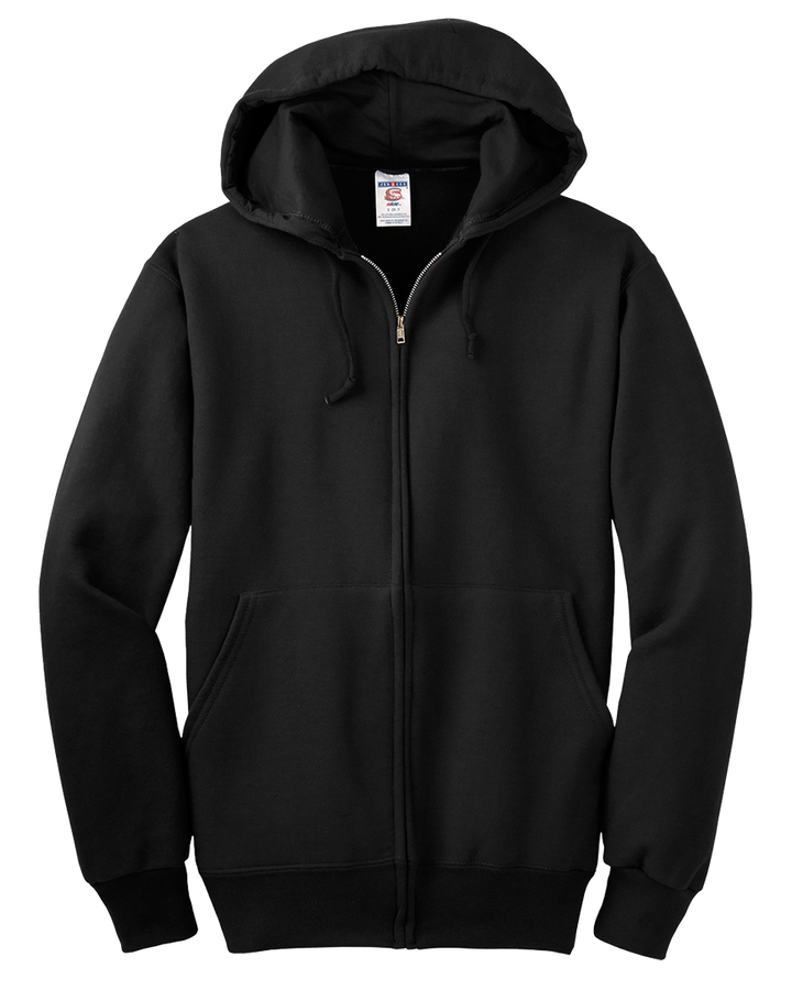 Flat-lay of the black Jerzees Super Sweats Full Zip Hoodie, displaying its full-length zipper, kangaroo pockets, and heavyweight fleece fabric. Ideal for customization.