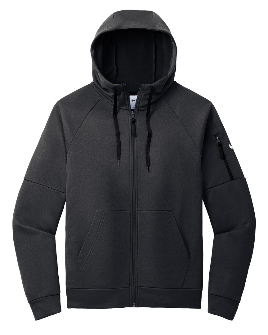 Flat-lay of black Nike Therma-FIT zip-up hoodie with sleeve pocket. Premium fleece material, customizable with embroidery or direct-to-film printing.