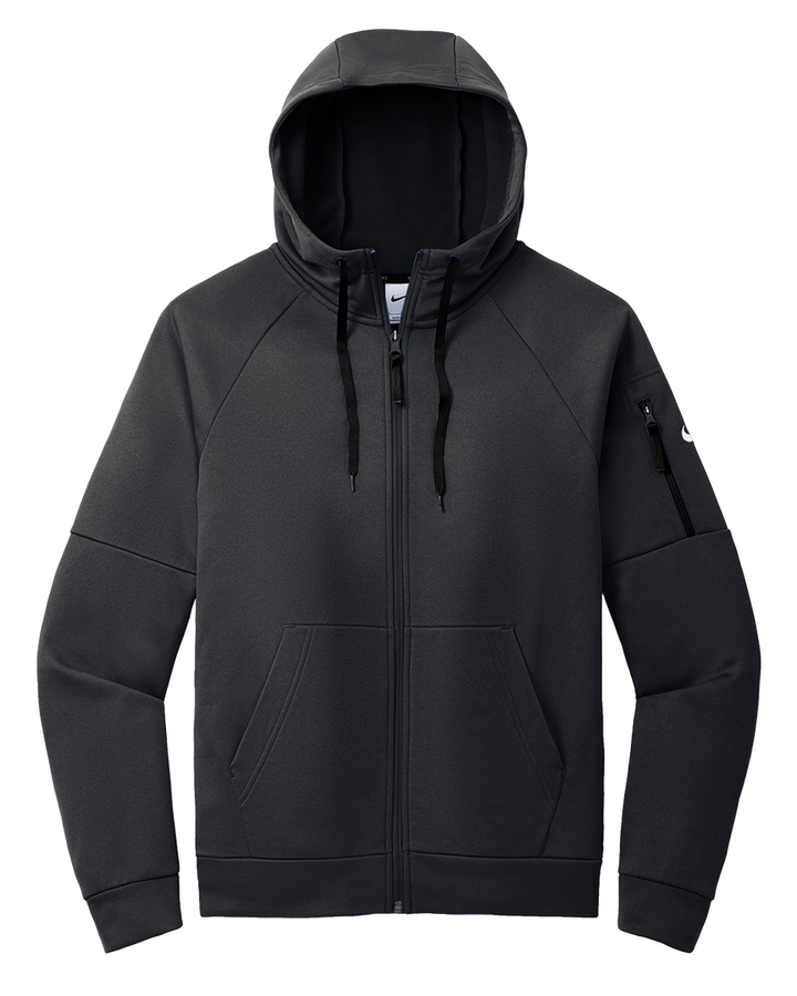 Flat-lay of black Nike Therma-FIT zip-up hoodie with sleeve pocket. Premium fleece material, customizable with embroidery or direct-to-film printing.