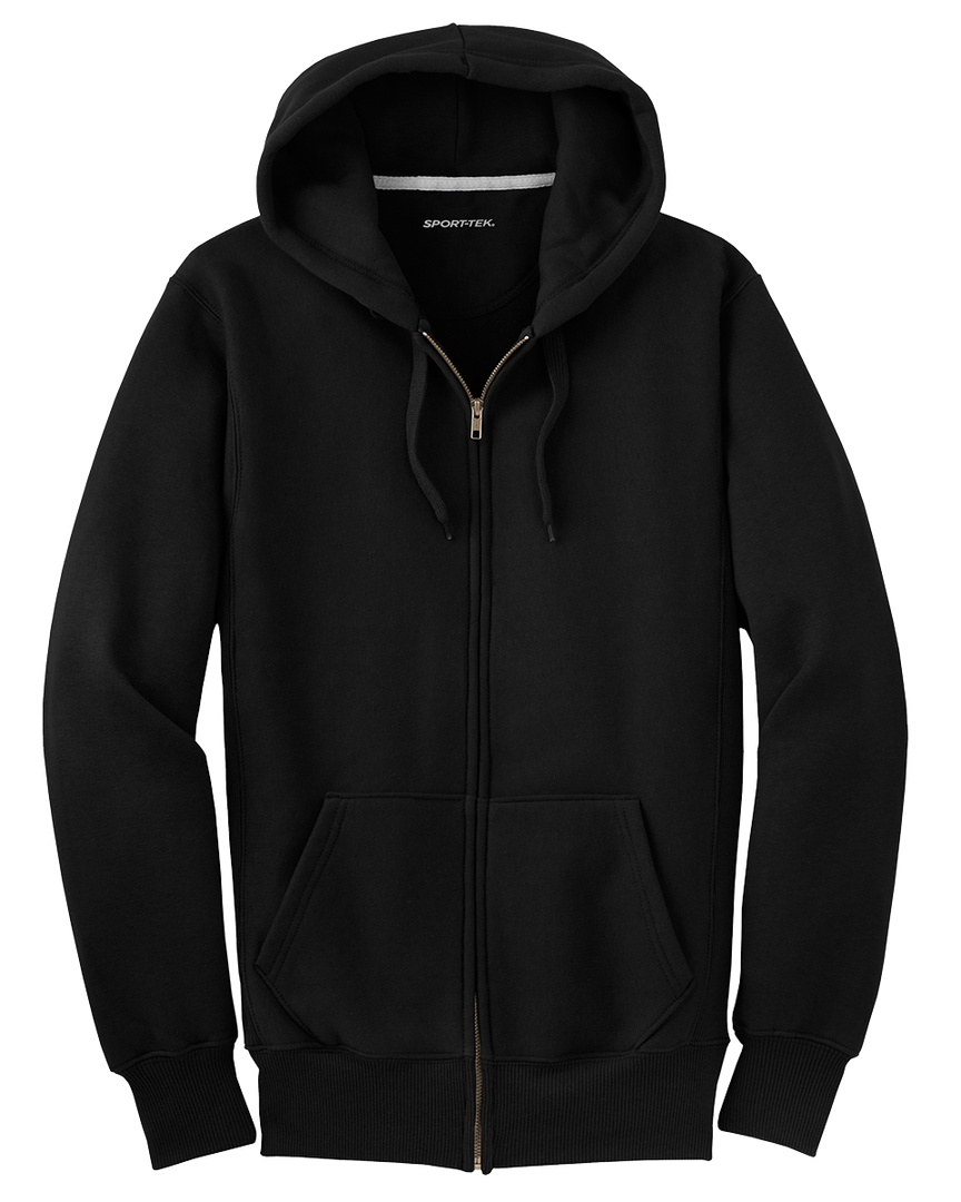 Sport-Tek Super Heavy Weight Zip Up Hoodie in black, featuring a full-zip closure, front pockets, and a drawstring hood for a classic look.