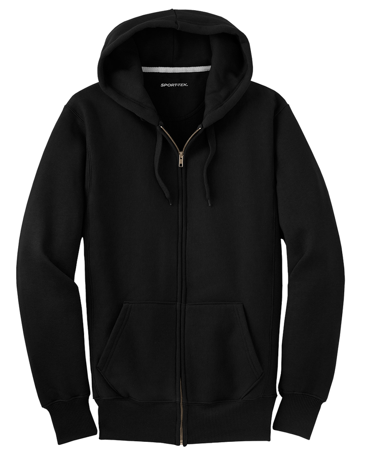 Sport-Tek Super Heavy Weight Zip Up Hoodie in black, featuring a full-zip closure, front pockets, and a drawstring hood for a classic look.
