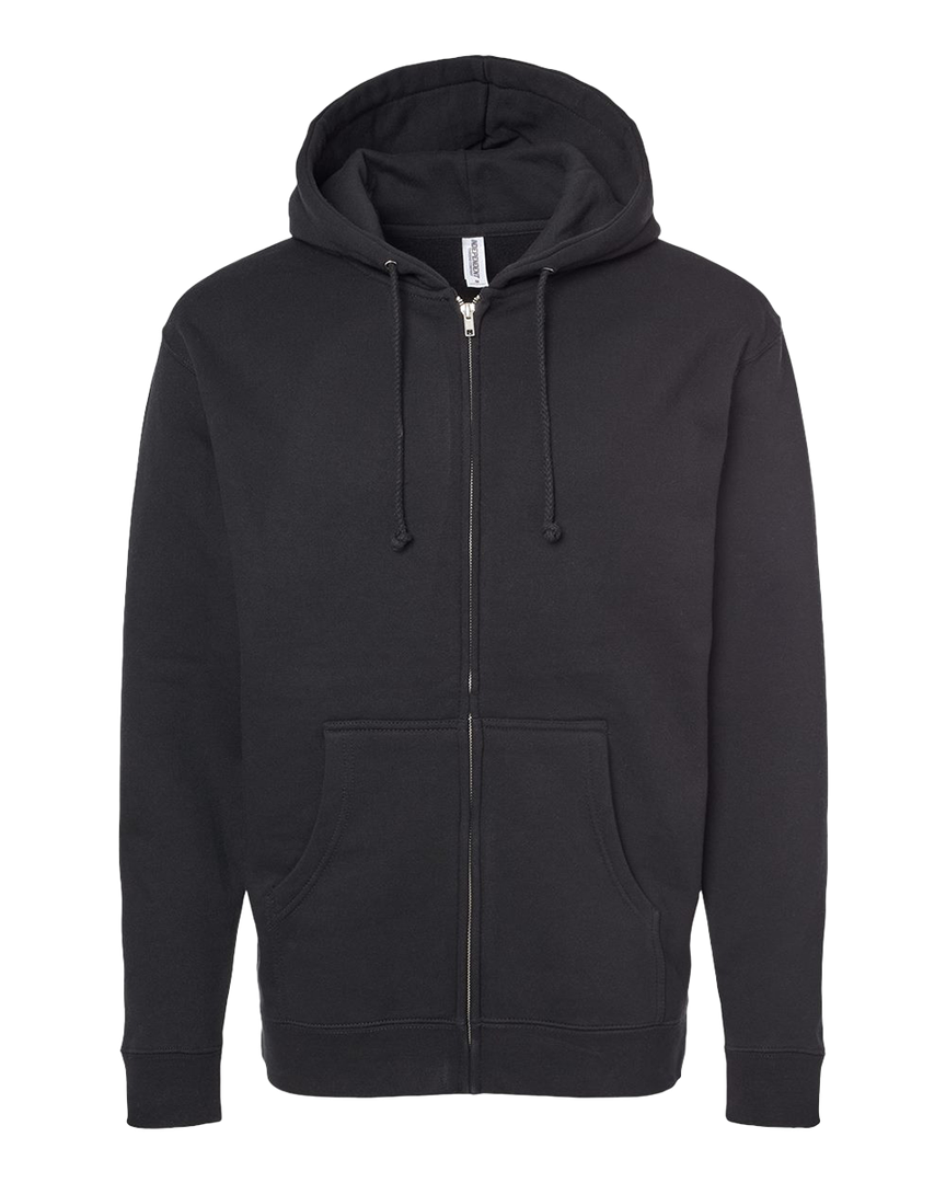 Classic black Custom Independent Trading Co Heavyweight Full Zip Hoodie with a warm fleece lining, perfect for customization and everyday wear.