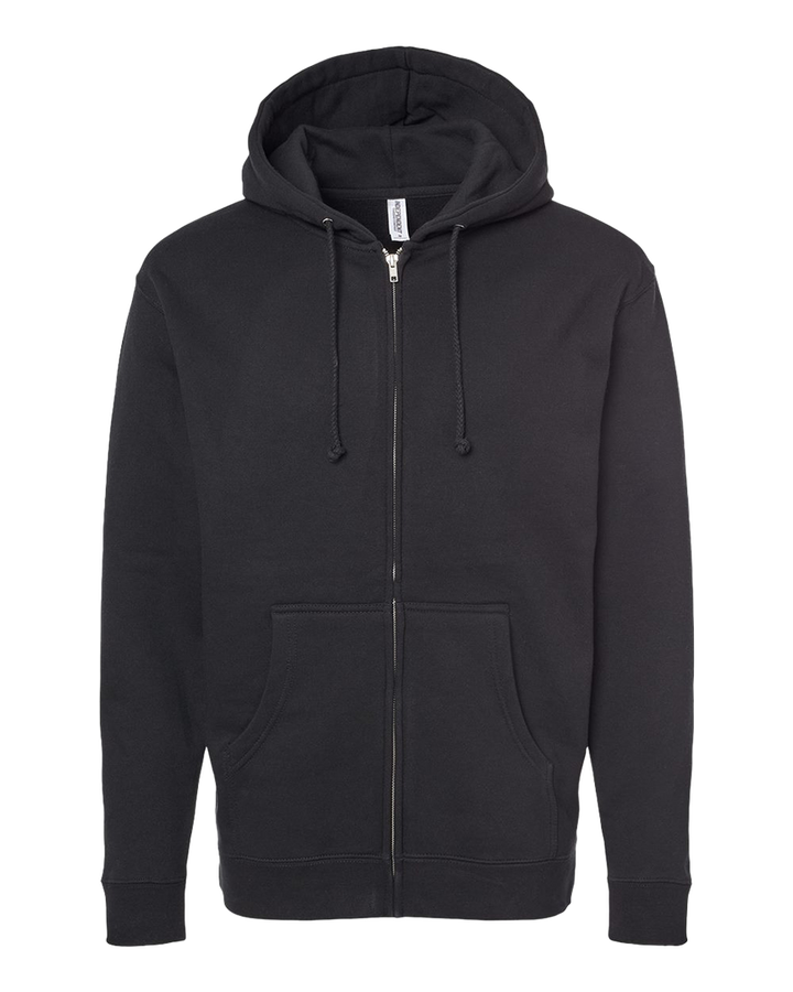 Classic black Custom Independent Trading Co Heavyweight Full Zip Hoodie with a warm fleece lining, perfect for customization and everyday wear.
