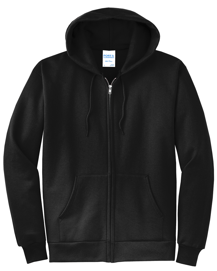Custom Port and Company Core Fleece Full Zip Hoodie in black. Classic zip-up design with front pockets and a soft fleece interior for warmth.