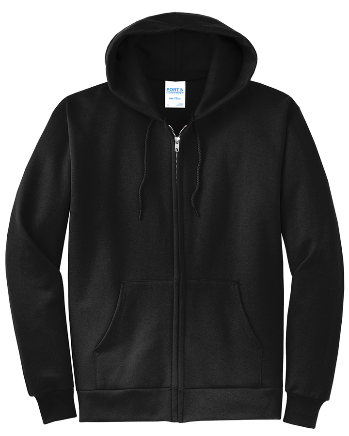 Custom Port and Company Core Fleece Full Zip Hoodie in black. Classic zip-up design with front pockets and a soft fleece interior for warmth.