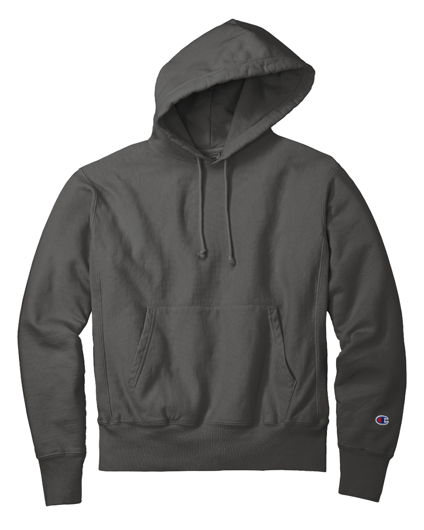 Black Champion Reverse Weave Hoodie with a garment-dyed finish, front pocket, and adjustable hood. Customize with embroidery or printing for a unique look.