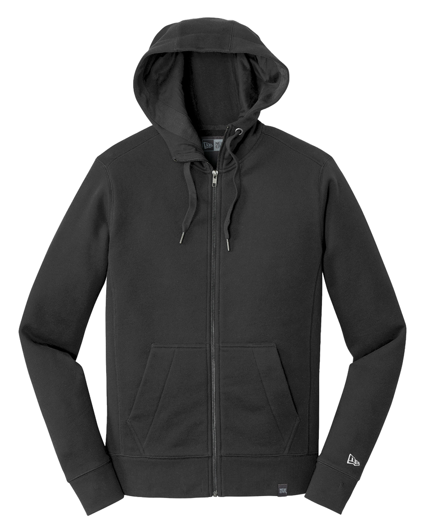 New Era French Terry Full Zip Hoodie in black, made from a premium cotton-poly blend with a sueded finish. Ideal for layering or custom embroidery.