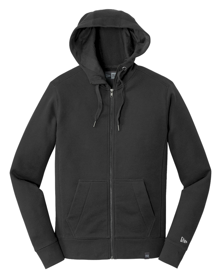 New Era French Terry Full Zip Hoodie in black, made from a premium cotton-poly blend with a sueded finish. Ideal for layering or custom embroidery.