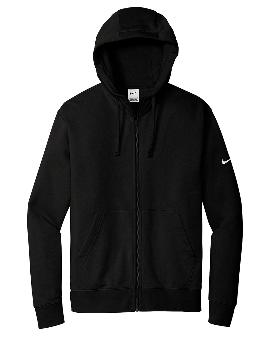 Black Nike Fleece Full Zip Hoodie with a minimalist design, front pockets, adjustable hood, and a white Nike swoosh on the sleeve.