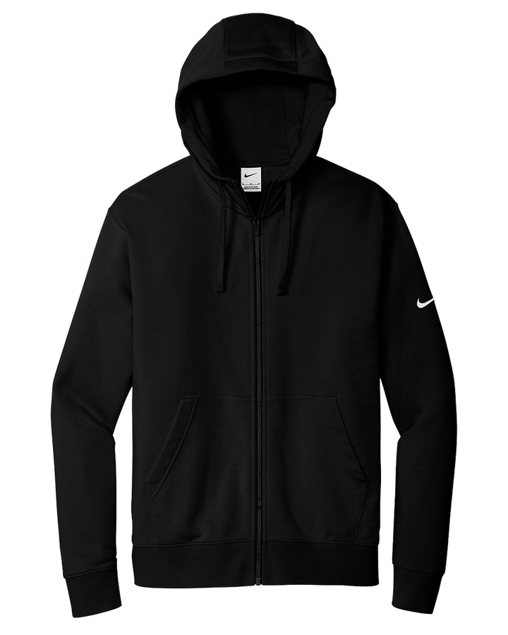 Black Nike Fleece Full Zip Hoodie with a minimalist design, front pockets, adjustable hood, and a white Nike swoosh on the sleeve.