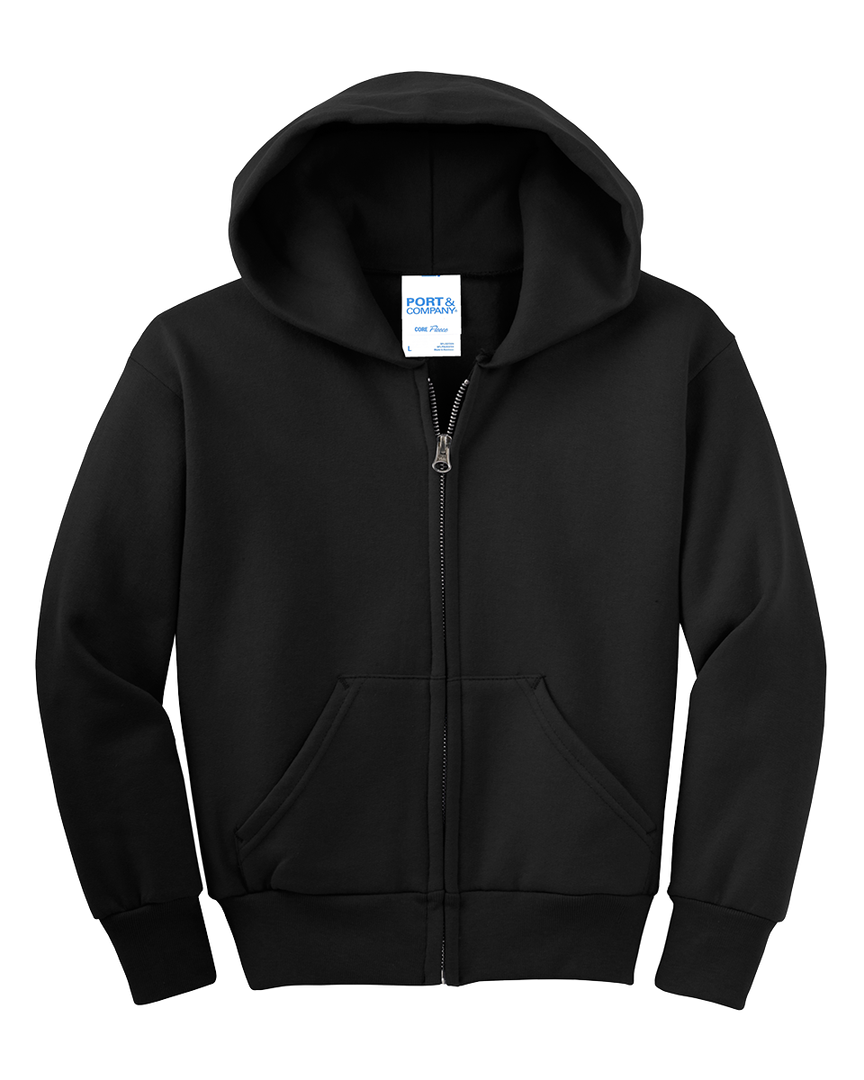 Port and Company Youth Core Fleece Zip Up Hoodie in classic black, made from a soft cotton-poly blend with a full-zip front and kangaroo pockets.