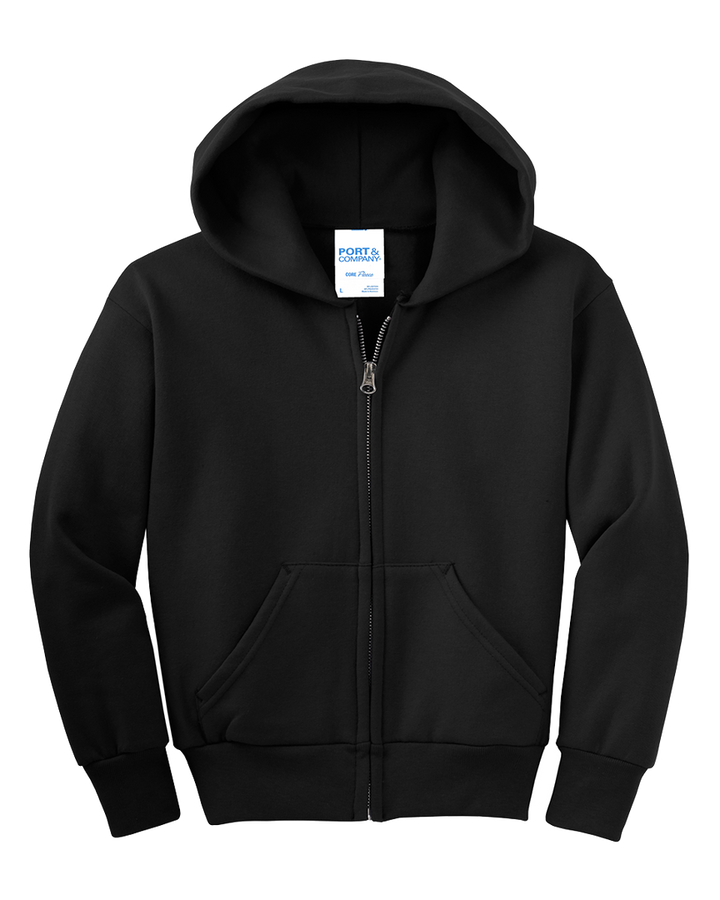 Port and Company Youth Core Fleece Zip Up Hoodie in classic black, made from a soft cotton-poly blend with a full-zip front and kangaroo pockets.