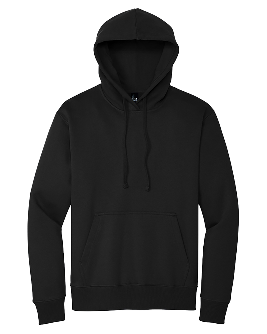 Flat-lay image of the Custom District V.I.T Heavy Weight Hoodie in black, highlighting its classic pullover design and front pocket.