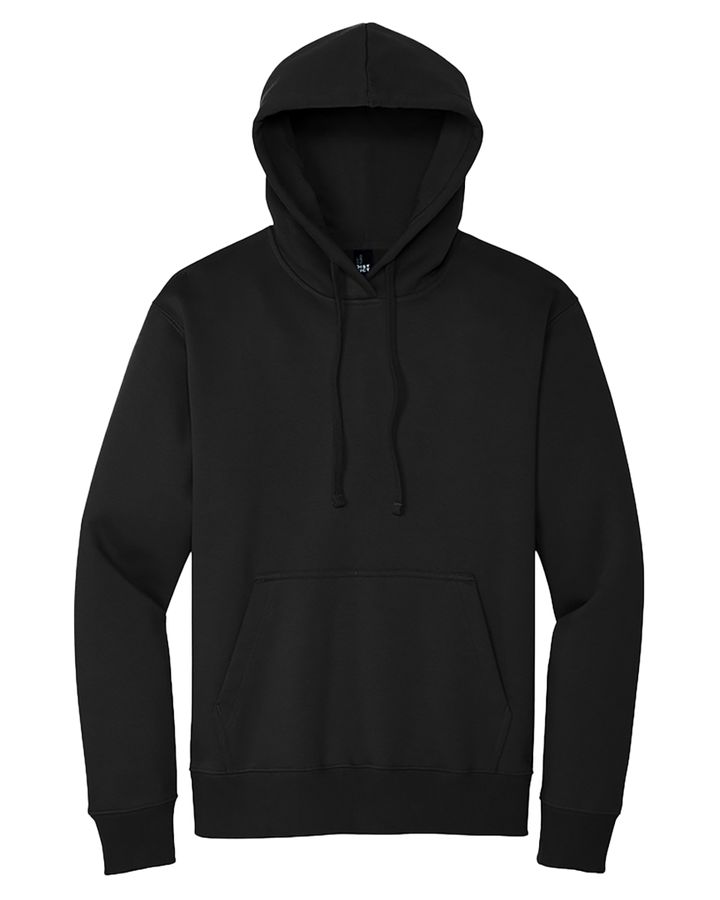 Flat-lay image of the Custom District V.I.T Heavy Weight Hoodie in black, highlighting its classic pullover design and front pocket.