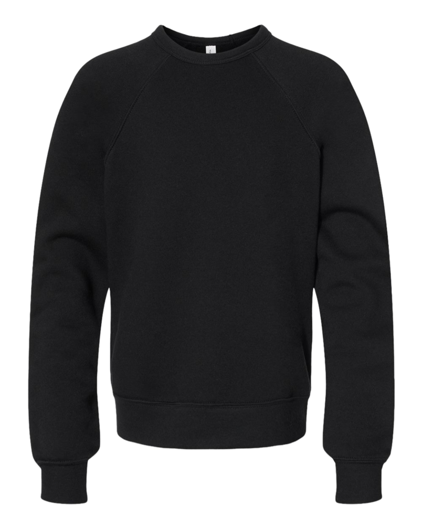 Bella and Canvas Youth Sponge Fleece Crewneck Sweatshirt in black, offering a sleek and versatile look with ultra-soft fleece for warmth and comfort.