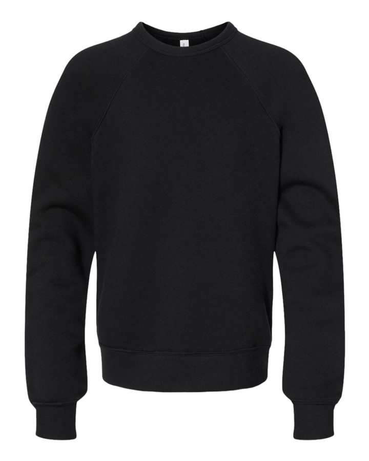 Bella and Canvas Youth Sponge Fleece Crewneck Sweatshirt in black, offering a sleek and versatile look with ultra-soft fleece for warmth and comfort.