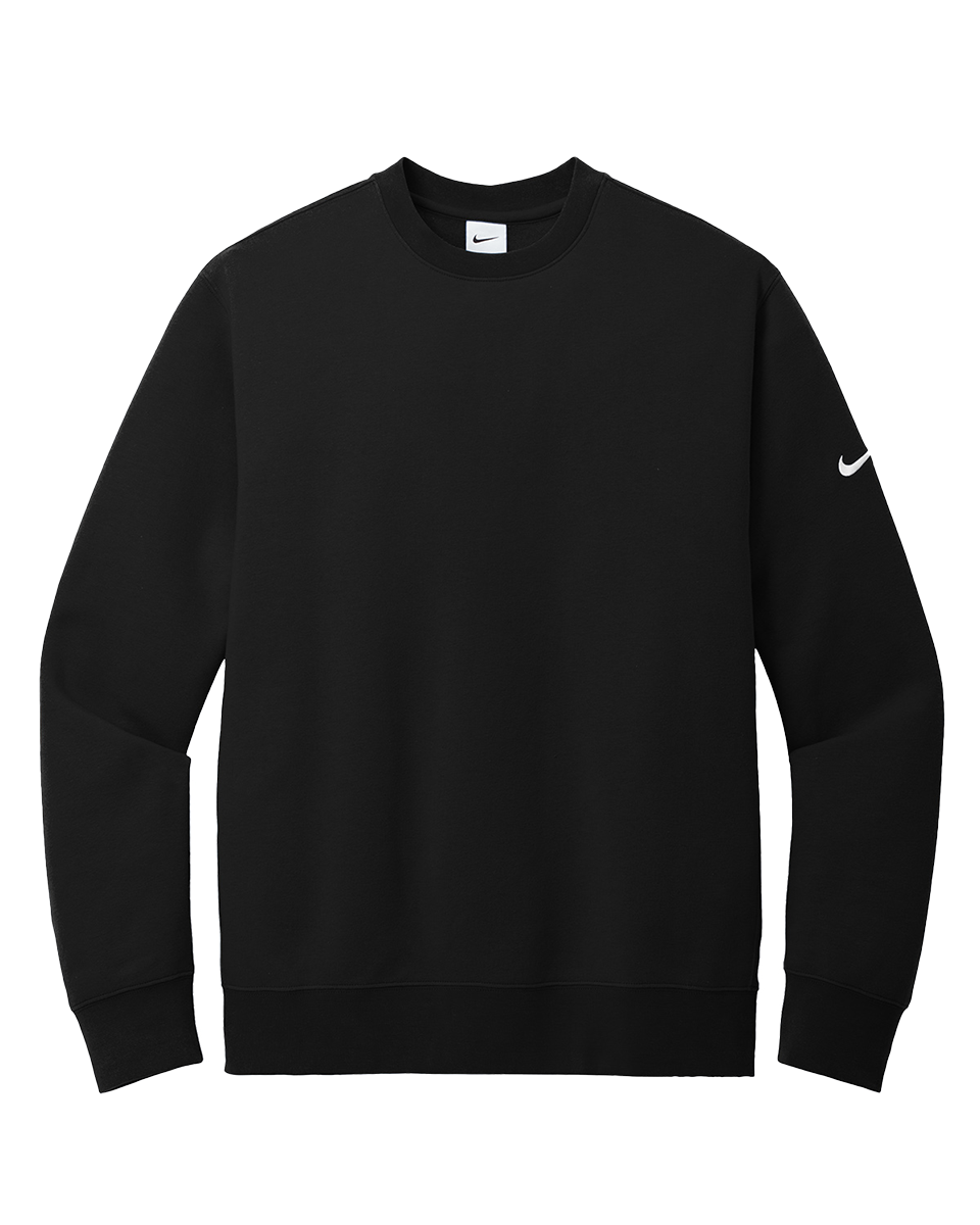 Black Nike Club Fleece Crewneck with a minimalist design and embroidered Nike swoosh on the sleeve. Comfortable and customizable with no minimums.
