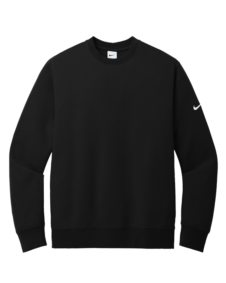 Black Nike Club Fleece Crewneck with a minimalist design and embroidered Nike swoosh on the sleeve. Comfortable and customizable with no minimums.