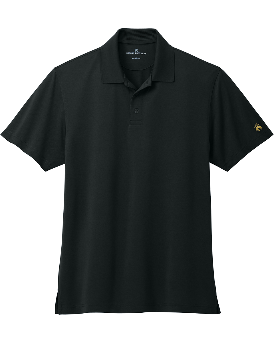 Flat-lay of Brooks Brothers BB18220 Polo in black, showcasing its classic collar and moisture-wicking fabric. Ideal for business or casual wear.