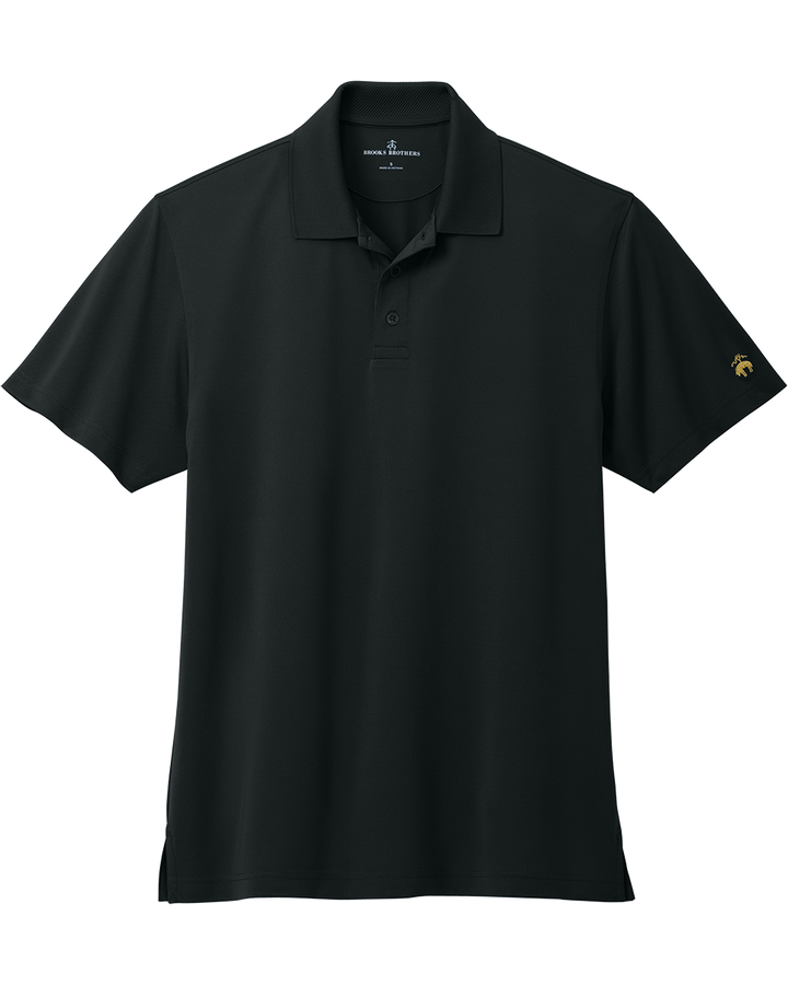 Flat-lay of Brooks Brothers BB18220 Polo in black, showcasing its classic collar and moisture-wicking fabric. Ideal for business or casual wear.