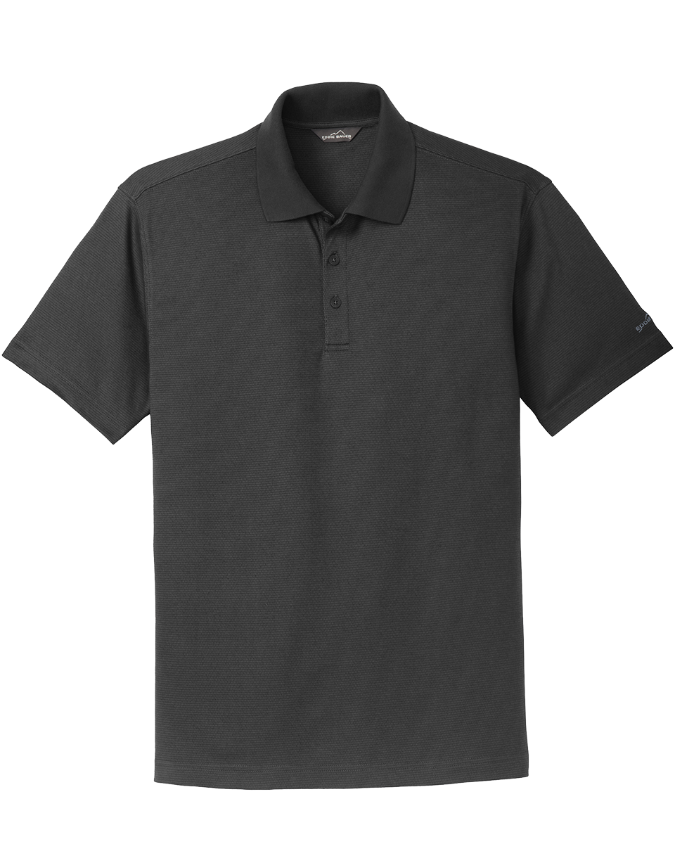 Eddie Bauer® Performance Polo in black, displayed flat to showcase its premium fabric and three-button placket. Custom embroidery available.