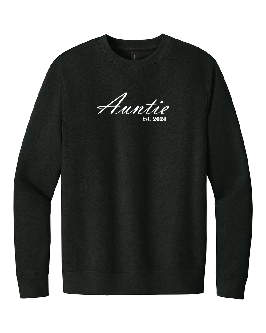 Black custom embroidered Auntie sweatshirt with 'Auntie, Est. 2024' in white script. A perfect personalized gift for proud aunts.