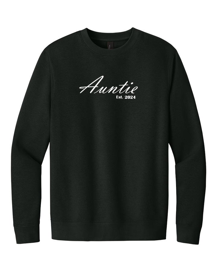 Black custom embroidered Auntie sweatshirt with 'Auntie, Est. 2024' in white script. A perfect personalized gift for proud aunts.