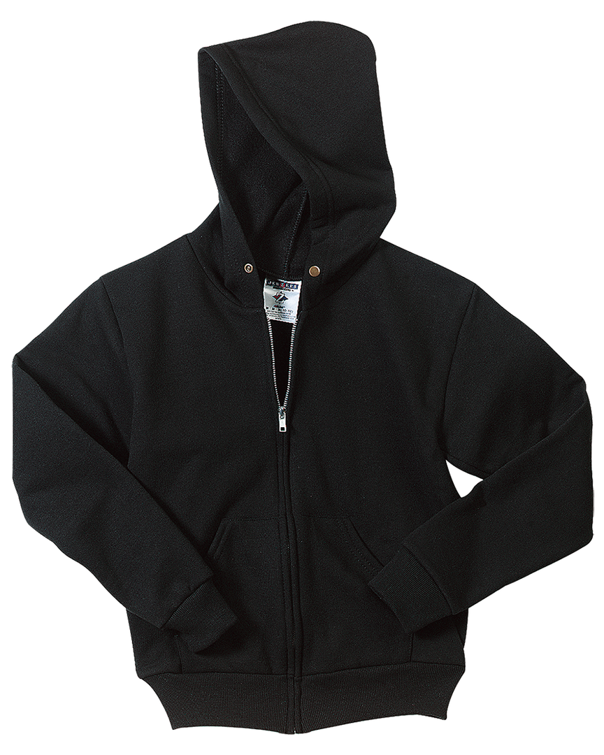 Flat lay of the Custom Jerzees NuBlend Youth Zip Up Hoodie in black, displaying its soft fleece fabric, sturdy zipper, and classic hooded design.