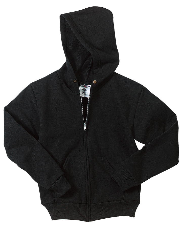 Flat lay of the Custom Jerzees NuBlend Youth Zip Up Hoodie in black, displaying its soft fleece fabric, sturdy zipper, and classic hooded design.