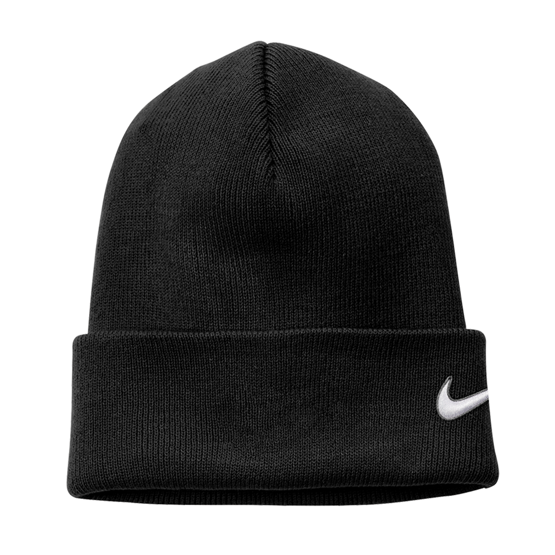 Black Nike Team Cuffed Beanie with an embroidered white swoosh logo on the side. Classic design for warmth and style.