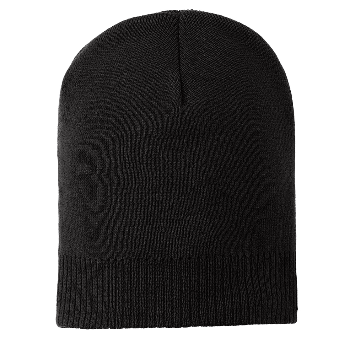 Port Authority® 100% Cotton Beanie CP95 in black, displayed with a clean, minimalist design and ribbed cuff. A versatile and cozy headwear option.