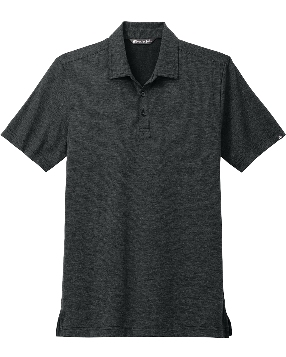 Flat lay of the TravisMathew Sunnyvale Polo in black, showcasing its sleek design and high-quality fabric. Perfect for custom embroidery or printing.