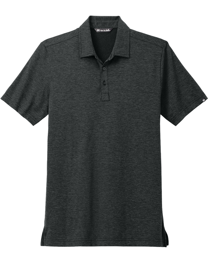 Flat lay of the TravisMathew Sunnyvale Polo in black, showcasing its sleek design and high-quality fabric. Perfect for custom embroidery or printing.